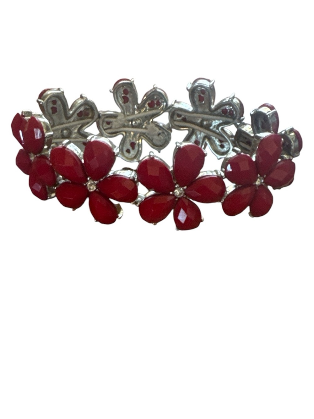 Red Flower w/Rhinestone Accent Stretch Bracelet